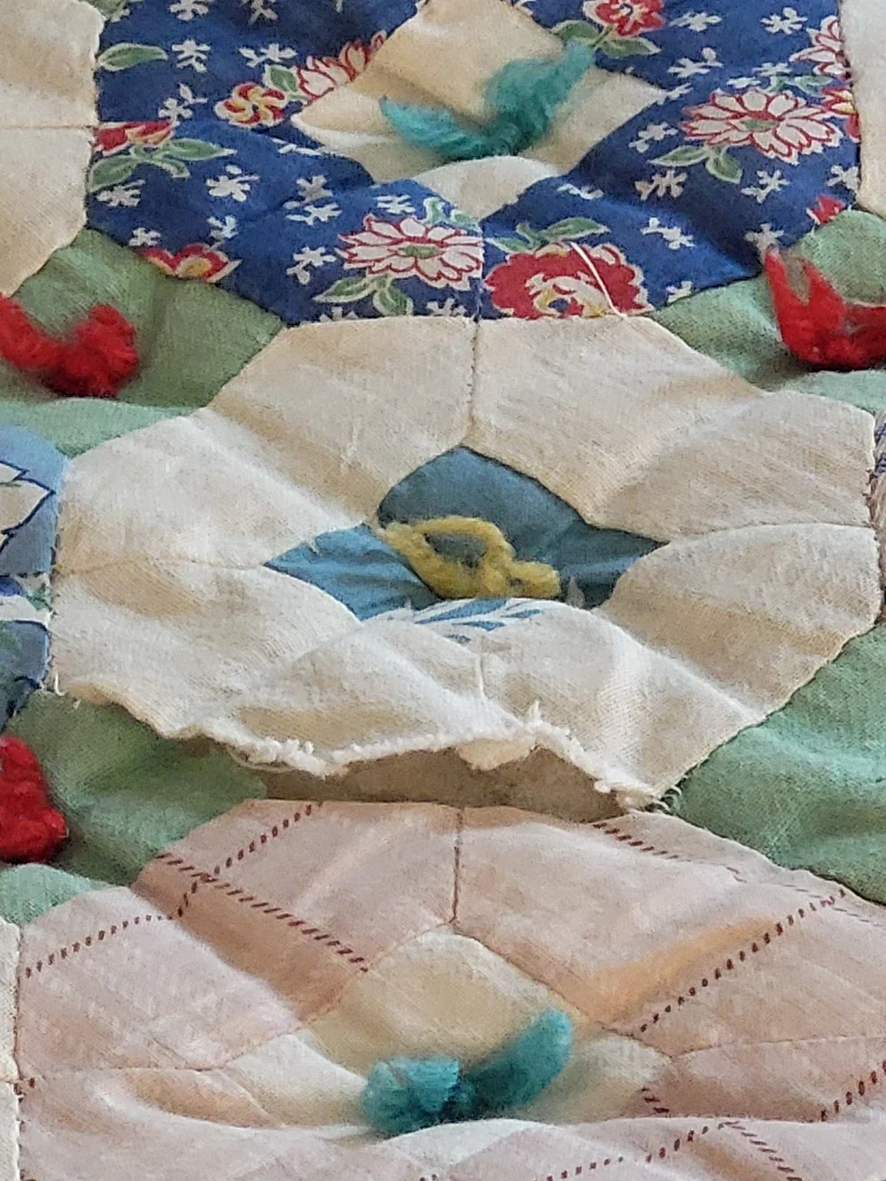 Two Top Tied Scrap 1940s-50s Quilt Comforter Cathedral Window/Bricks 72
